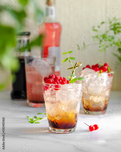 lingonberry cocktail with ice and chocolate in beautiful glasses, branch in blur