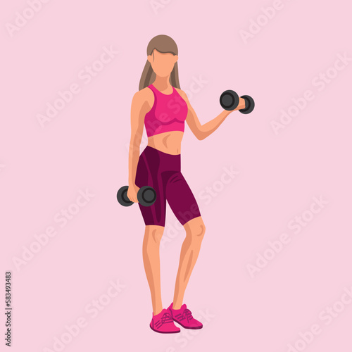 Faceless fitness Caucasian woman in sportswear standing and doing a workout with the dumbbells. Workout and sports training concept. Vector illustration