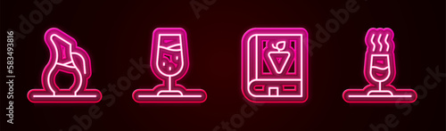 Set line Decanter for wine, Wine glass, Book about grapes and tasting, degustation. Glowing neon icon. Vector