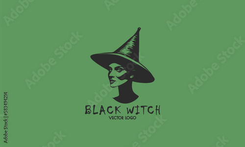 Vector portrait of a black witch on a green background. Monochrome sophisticated woman in a hat. Logo, sticker or icon.