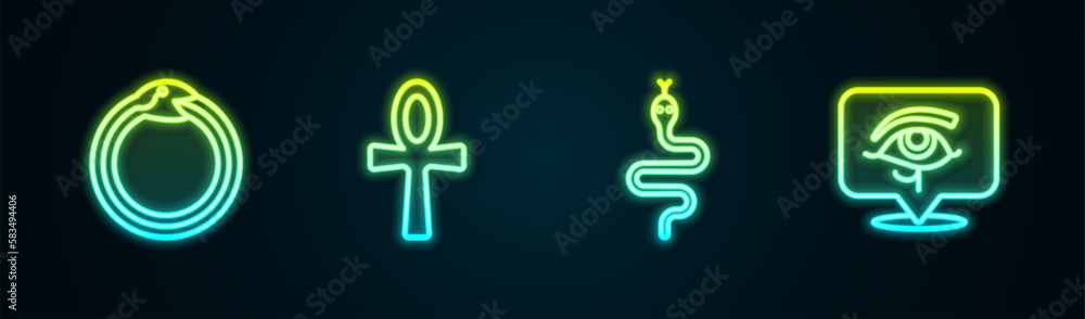 Obraz premium Set line Magic symbol of Ouroboros, Cross ankh, Snake and Eye Horus. Glowing neon icon. Vector