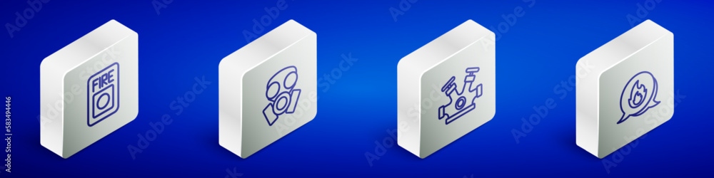 Set Isometric line Fire alarm system, Gas mask, hydrant and Emergency call icon. Vector Set Isometric line Fire alarm system, Gas mask, hydrant and Emergency call icon. Vector
