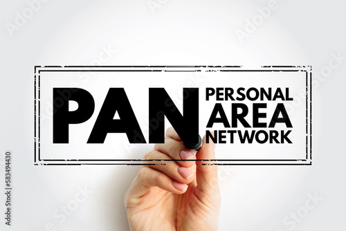 PAN Personal Area Network - computer network for interconnecting electronic devices within an individual person's workspace, acronym text stamp concept background