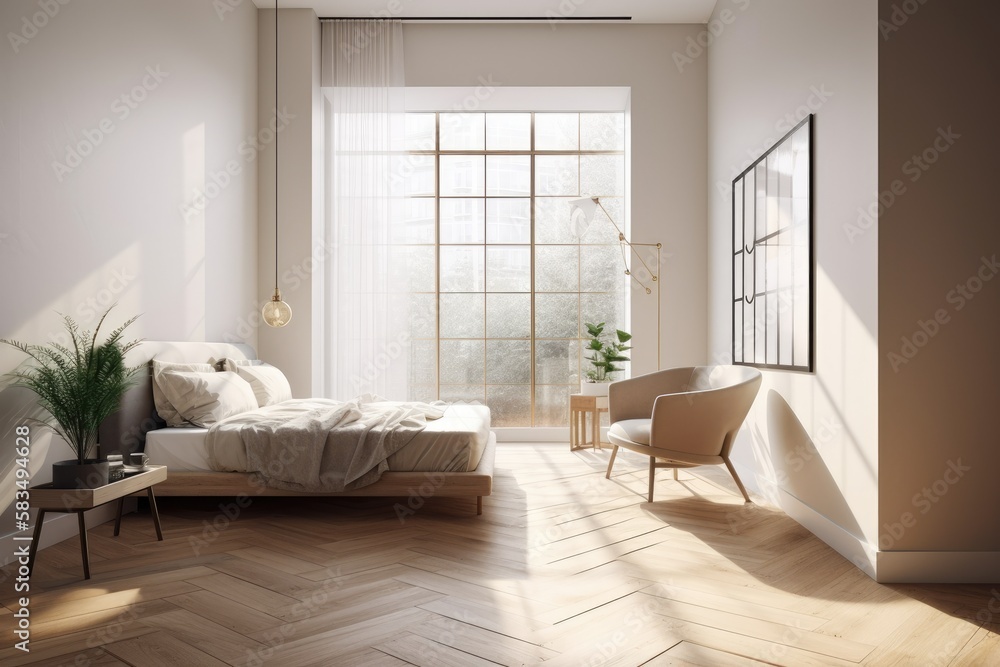 Bed frame and white armchair on a wooden floor. The window is illuminated, casting shadows on it. with a pure white wall and the year 2021 written on it. Generative AI Bed frame and white armchair on a wooden floor. The window is illuminated, casting shadows on it. with a pure white wall and the year 2021 written on it. Generative AI
