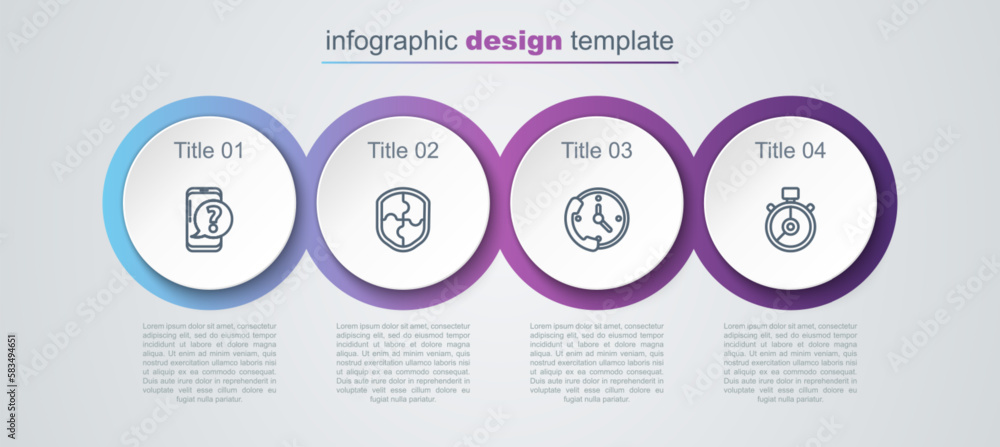 Set line Mobile phone with question, Shield, Telephone 24 hours support and Stopwatch. Business infographic template. Vector Set line Mobile phone with question, Shield, Telephone 24 hours support and Stopwatch. Business infographic template. Vector