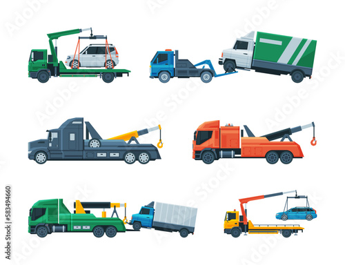 Tow Truck or Wrecker Moving Disabled or Impounded Motor Vehicle Vector Set