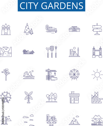 City gardens line icons signs set. Design collection of Urban, Park, Green, Plaza, Vegetation, Lawns, Paths, Walkways outline concept vector illustrations