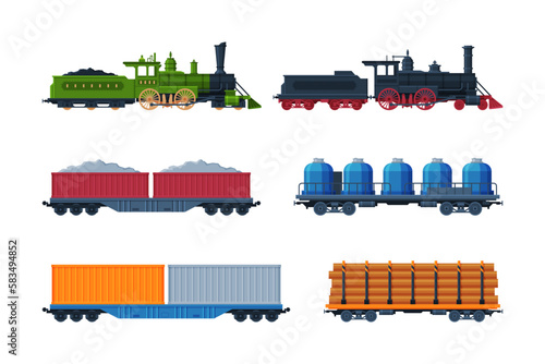Train as Rail Freight and Cargo Transport Service Vector Set