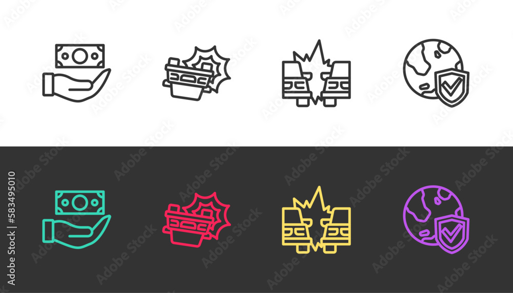Naklejka premium Set line Money with shield, Car accident, and Shield world globe on black and white. Vector