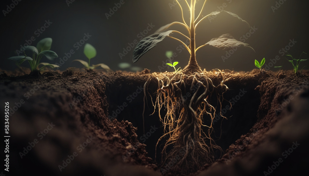 Roots of plant growing underground close up layers of soil. Generative ...