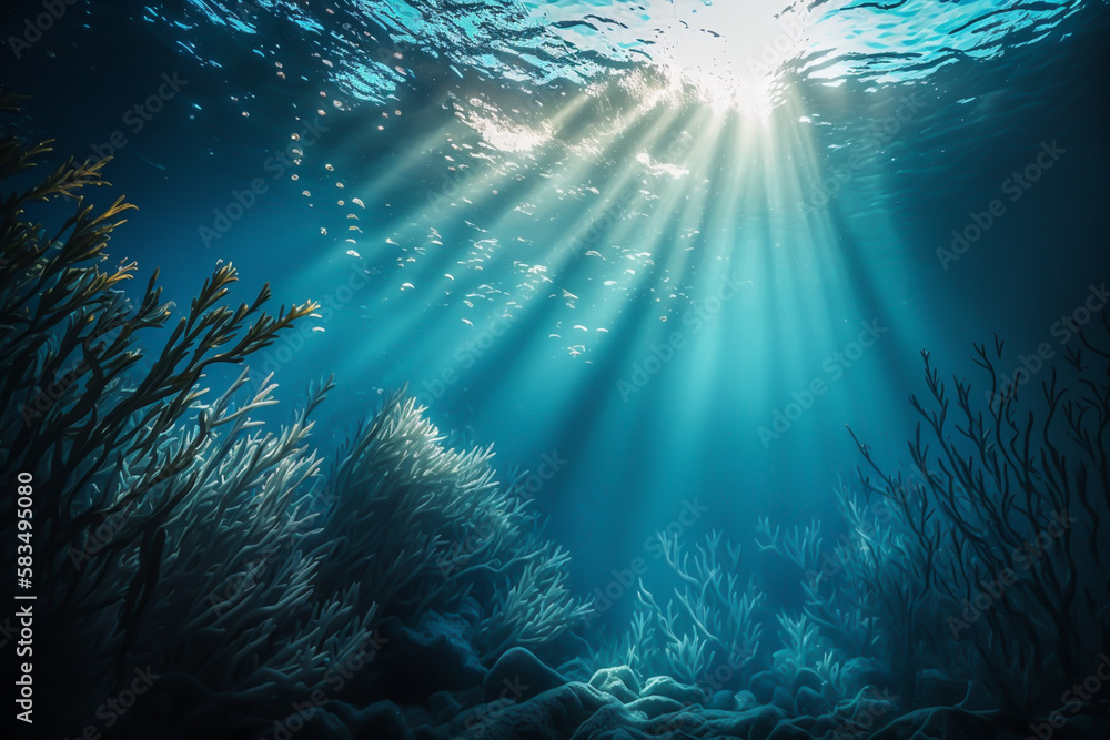 Underwater sea in blue sunlight, generative ai