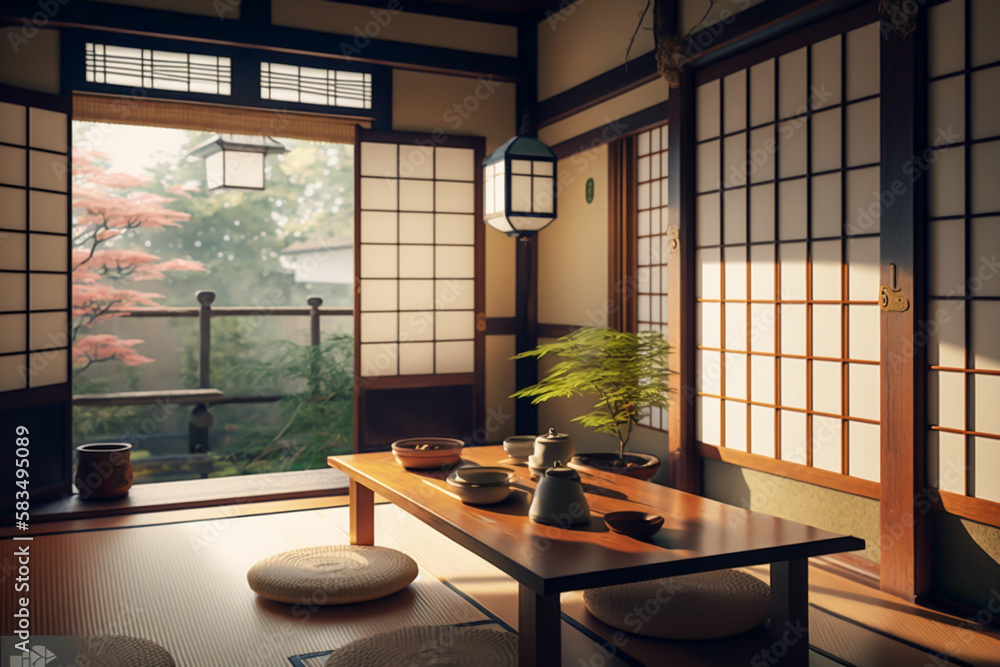 traditional japanese tea room interior, tatami and table, generative ai traditional japanese tea room interior, tatami and table, generative ai