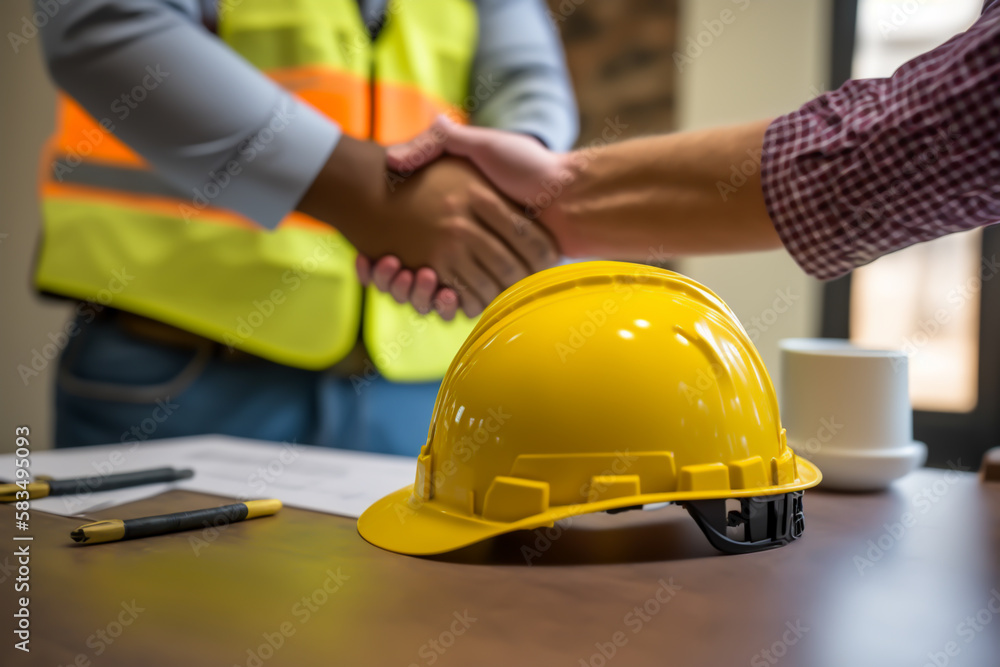 Yellow safety helmet on workplave desk, with constructor and customer closing a deal, generative ai Yellow safety helmet on workplave desk, with constructor and customer closing a deal, generative ai