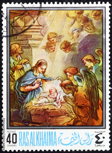 Postage stamp Ras al-Khaimah 1968 Nativity, painting by Charles Andre van Loo (1705-1765), French painter