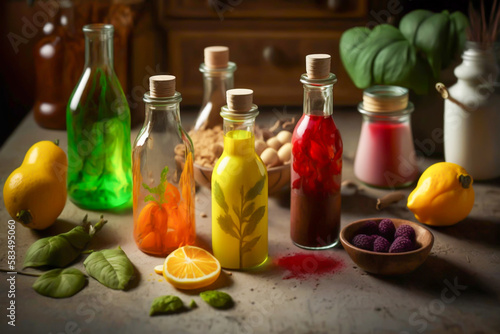 Various colourful fresh raw ingredients and already juices, healthy, generative ai