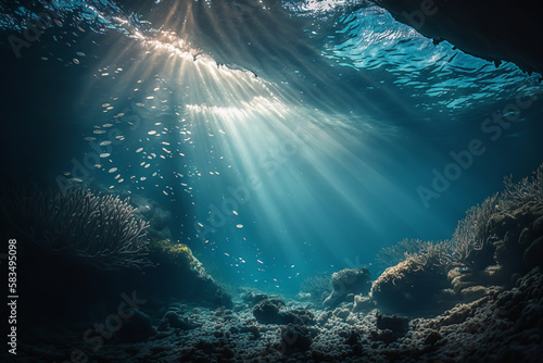 Underwater sea in blue sunlight, generative ai