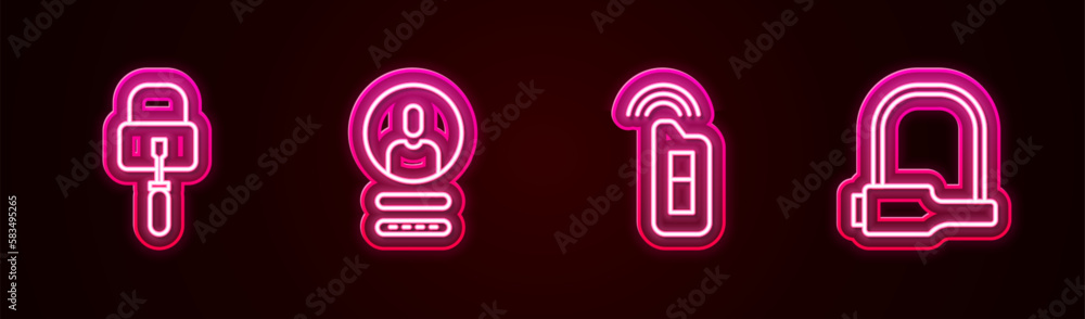 Set line Lock picks for lock picking, Create account screen, Car key with remote and Bicycle. Glowing neon icon. Vector Set line Lock picks for lock picking, Create account screen, Car key with remote and Bicycle. Glowing neon icon. Vector