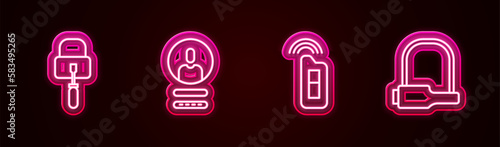 Set line Lock picks for lock picking, Create account screen, Car key with remote and Bicycle. Glowing neon icon. Vector