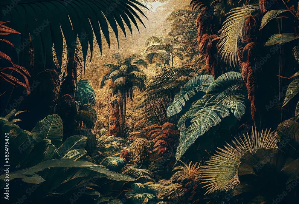 Retro jungle-themed wallpaper with lush palm trees and tropical foliage