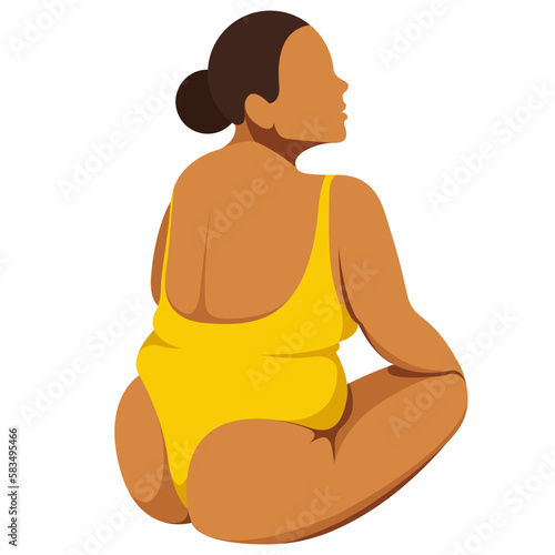 vector image on the theme of body positivity. a curvy plump girl sits in yellow underwear and is not shy by belly rolls and the fat folds on her body. isolated on white background. love your body.