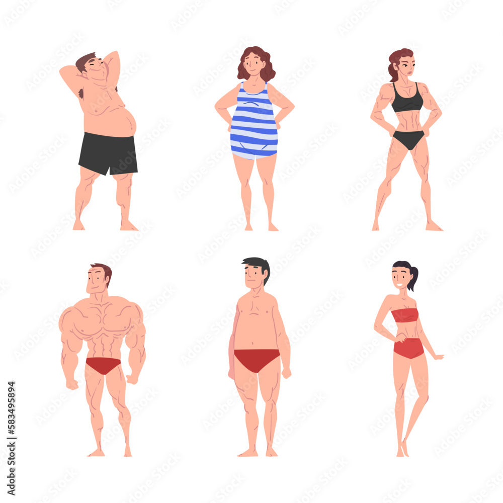 People Character in Swimsuit and Trunks Standing and Sunbathing at Sun Vector Set People Character in Swimsuit and Trunks Standing and Sunbathing at Sun Vector Set