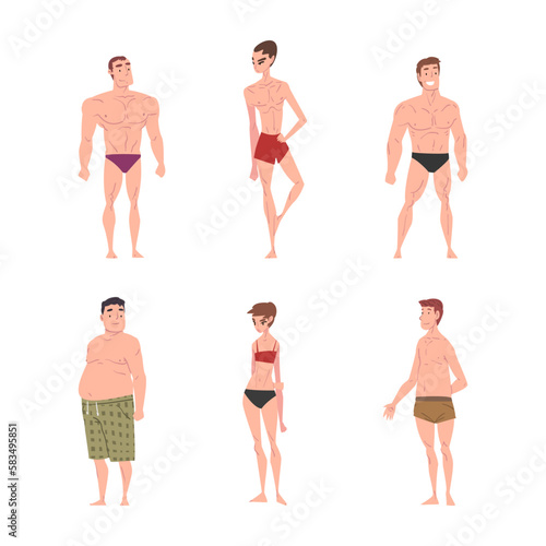 People Character in Swimsuit and Trunks Standing and Sunbathing at Sun Vector Set