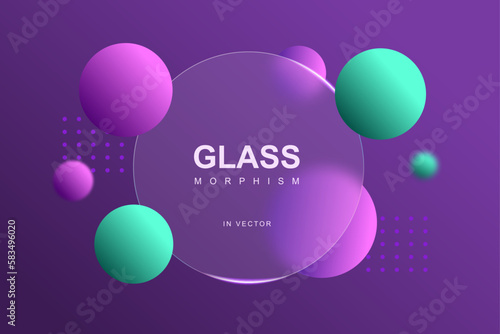 Violet background with round glass matt transparent around a sphere of two colors violet and green glass morphism effect