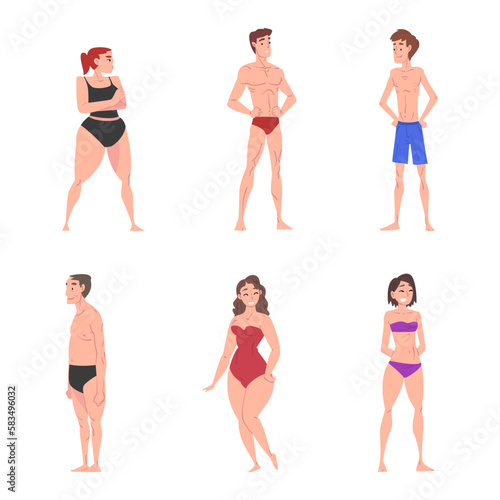People Character in Swimsuit and Trunks Standing and Sunbathing at Sun Vector Set