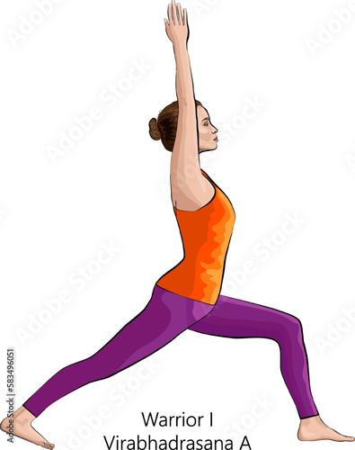 Full length side view of young woman practicing yoga exercise, doing Warrior I pose or Virabhadrasana A. Standing and Balancing. Beginner. Vector illustration isolated on white background.