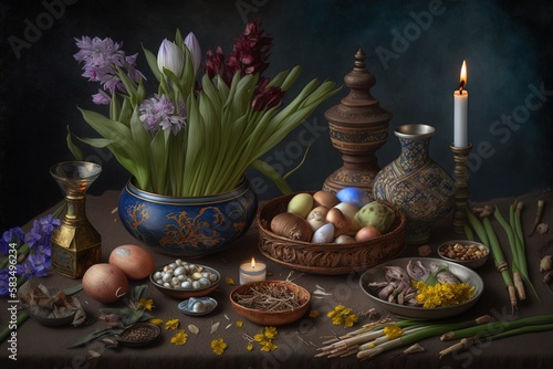 Tabletop with Haft elements for Nowruz: sonbol hyacinth, sabzeh grass, seeb apple, somaq sumac powder, seer garlic illustration generative ai photo