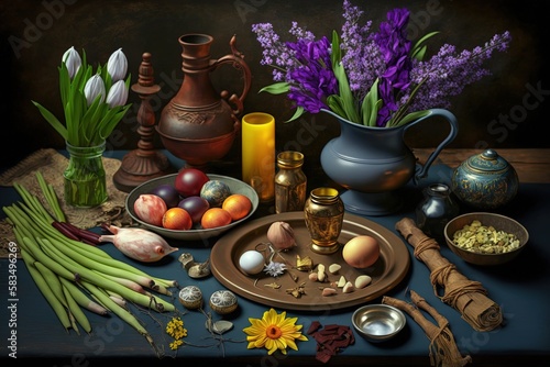 Tabletop with Haft elements for Nowruz: sonbol hyacinth, sabzeh grass, seeb apple, somaq sumac powder, seer garlic illustration generative ai photo