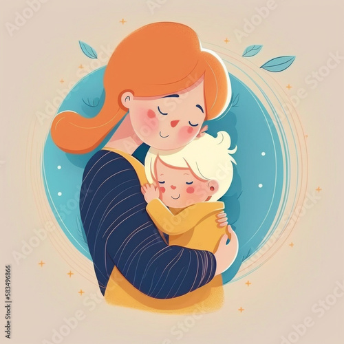 Cute cartoon illustration of mom and kid hugs for Mothers day, National Son and Daughter Day or World Childrens Day. Generative AI