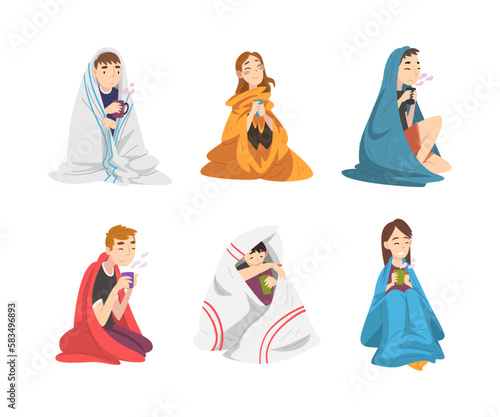 Man and Woman Sitting Covered with Cozy Plaid Enjoying Hot Drink in Mug Vector Set