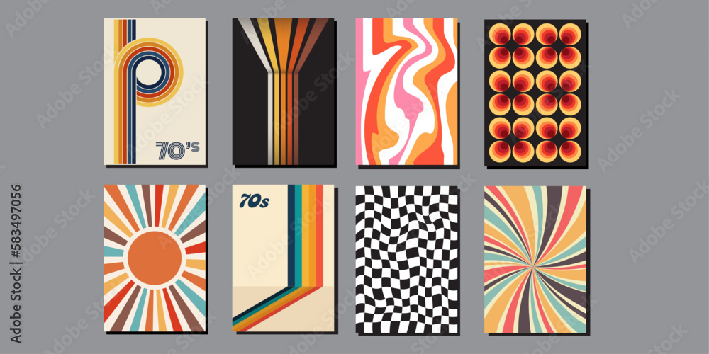 70's poster collection. Set of artworks in hippie, funky, psychedelic and vintage style. Seventies vibes backgrounds. Templates for magazines, flyers, cards. Isolated layouts from 1970.