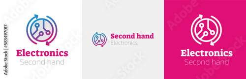 Second hand electronics logo design set, reusable smartphone store modern logotype symbol, second hand devices emblem concept, reselling laptop editable commercial illustration, branding, identity