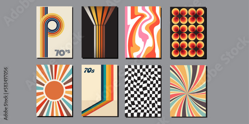 Obraz na płótnie 70's poster collection. Set of artworks in hippie, funky, psychedelic and vintage style. Seventies vibes backgrounds. Templates for magazines, flyers, cards. Isolated layouts from 1970. w salonie