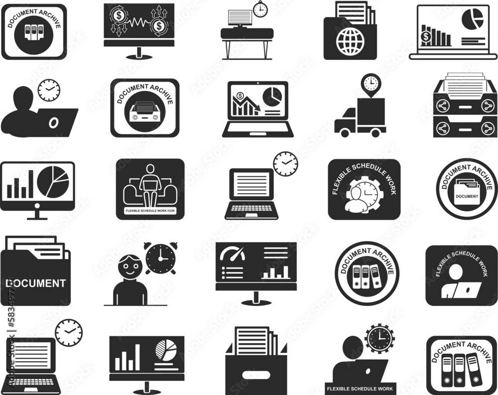 Work schedule and document icon set, 25 business schedule and document icon set black vector Work schedule and document icon set, 25 business schedule and document icon set black vector