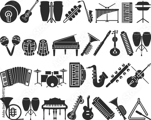 Music instrument icon set, 30 playing musical instruments icon set black vector
