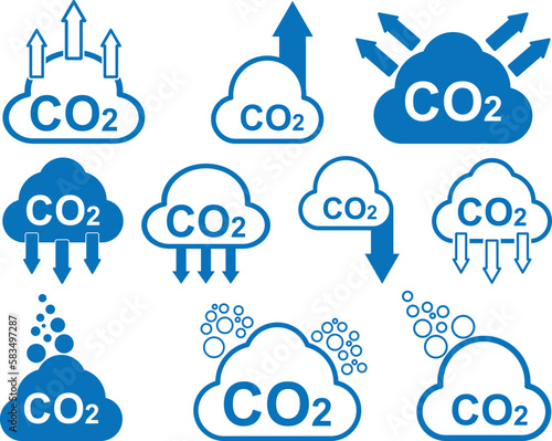 CO2 gas icon set, 10 carbon emissions reduction icon set black vector