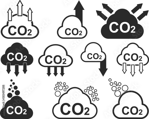 CO2 gas icon set, 10 carbon emissions reduction icon set black vector