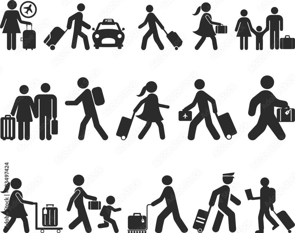 Human with bag icon set, travel icon set black vector Human with bag icon set, travel icon set black vector