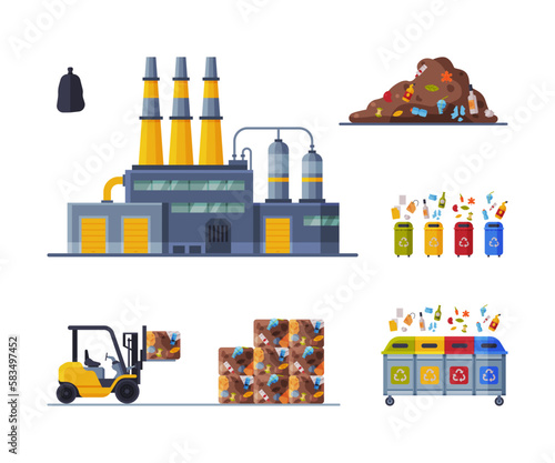Waste Management or Garbage Processing Factory or Plant Vector Set