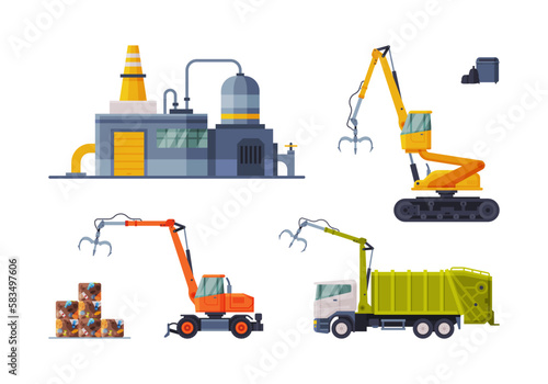 Waste Management or Garbage Processing with Machine Engaged in Trash Treatment Vector Set
