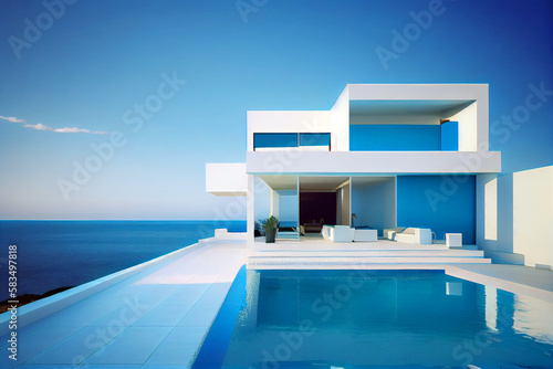 Luxury and contemporary residential villa with modern architecture, swimming pool and sea view. Generative AI illustration © ardanz