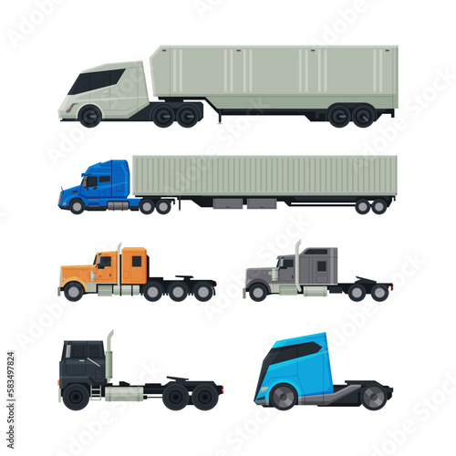 Cargo Tractor Trailer Truck as Heavy-duty Towing Engine Side View Vector Set
