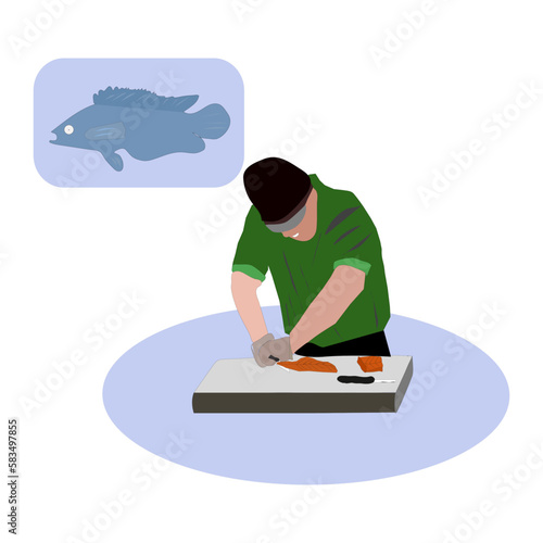 Fish market supermarket worker cutting salmon fish for customer on cutting board. Fish painted on the wall. Vector illustration.