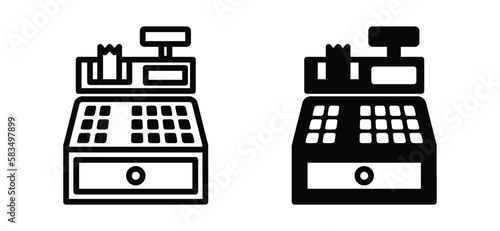 Cashier machine icon. Cash register icons. Teller, counter, checker, paymaster sign symbol in line and flat style. Vector illustration