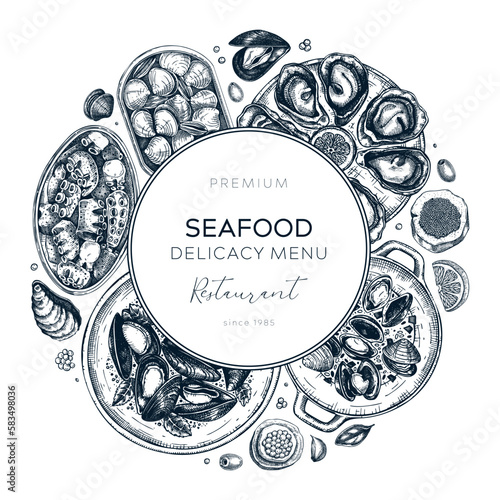 Seafood restaurant banner design. Hand-drawn tinned fish and cooked shellfish illustrations - mussels, oysters, shrimps, caviar, clams, squids sketch style. Vector wreath  isolated on white background