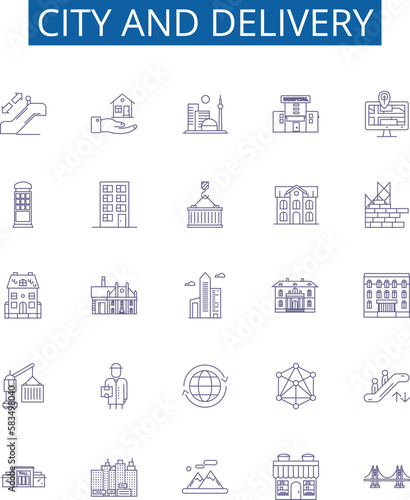 City and delivery line icons signs set. Design collection of City, Delivery, Urban, Local, Mail, Express, Shipping, Logistics outline concept vector illustrations