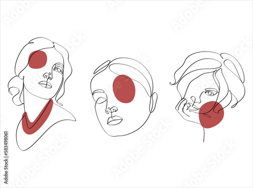 Set of one line drawn woman portraits. Continuous linear silhouette of female face. Outline hand drawn of avatars girls. Linear glamour logo in minimal style for beauty salon, makeup artist, stylist.